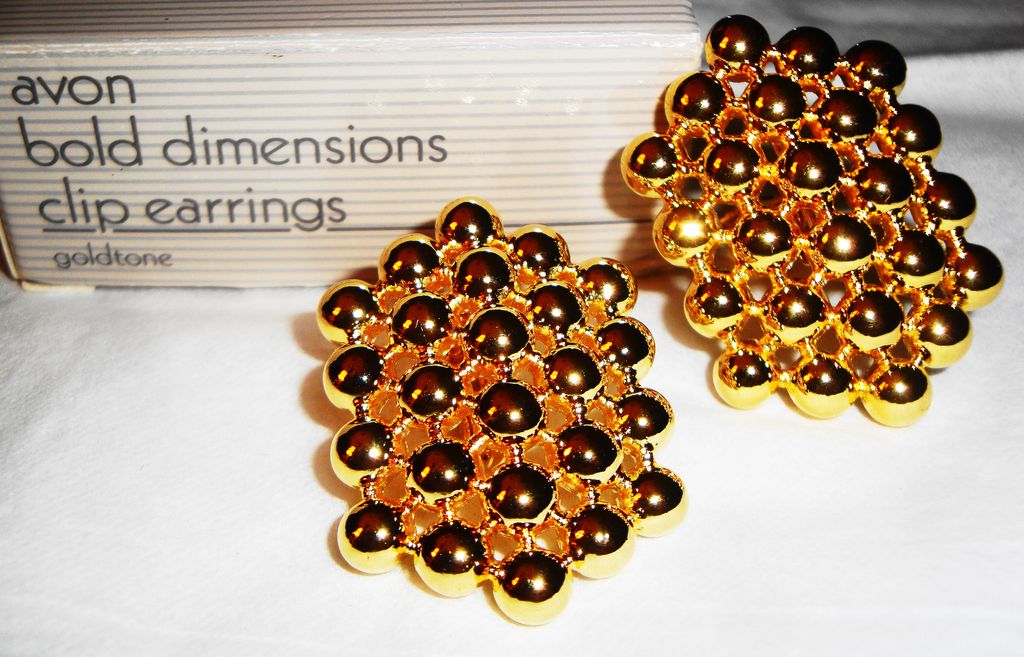 Vintage Signed Avon 1991 "Bold Dimensions Clip Earrings" ~ heavy, gleaming medal beads in abstract design Vintage Signed Avon 1991 "Bold Dimensions Clip Earrings" ~ heavy, gleaming medal beads in abstract design