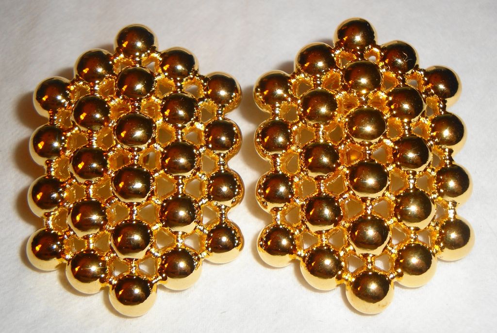 Vintage Signed Avon 1991 "Bold Dimensions Clip Earrings" ~ heavy, gleaming medal beads in abstract design Vintage Signed Avon 1991 "Bold Dimensions Clip Earrings" ~ heavy, gleaming medal beads in abstract design