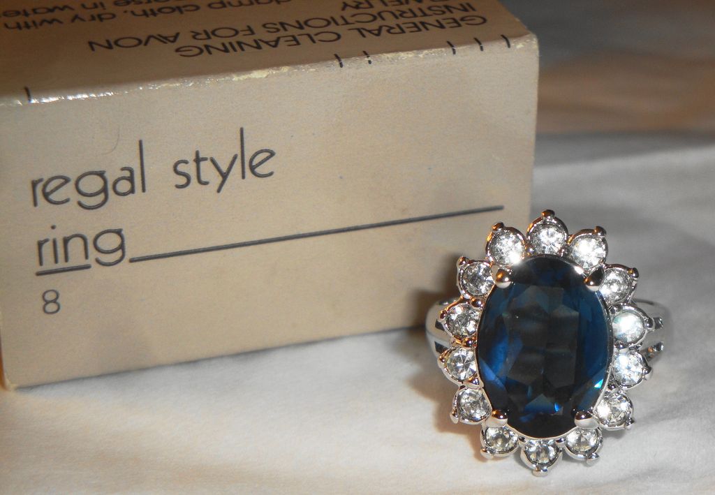 Vintage Avon 1987 "Regal Style Ring" ~ Size 8 ~ faux sapphire surrounded by crystals set in silver-tone Vintage Avon 1987 "Regal Style Ring" ~ Size 8 ~ faux sapphire surrounded by crystals set in silver-tone