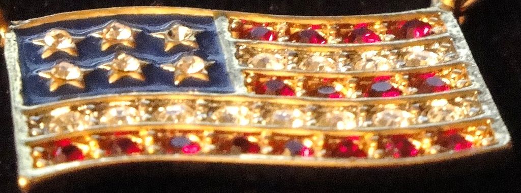 Vintage Signed Avon American Flag ~ gold-tone ~ garnet colored rhinestones for red strips ~ clear rhinestones for stars & white stripes Vintage Signed Avon American Flag ~ gold-tone ~ garnet colored rhinestones for red strips ~ clear rhinestones for stars & white stripes