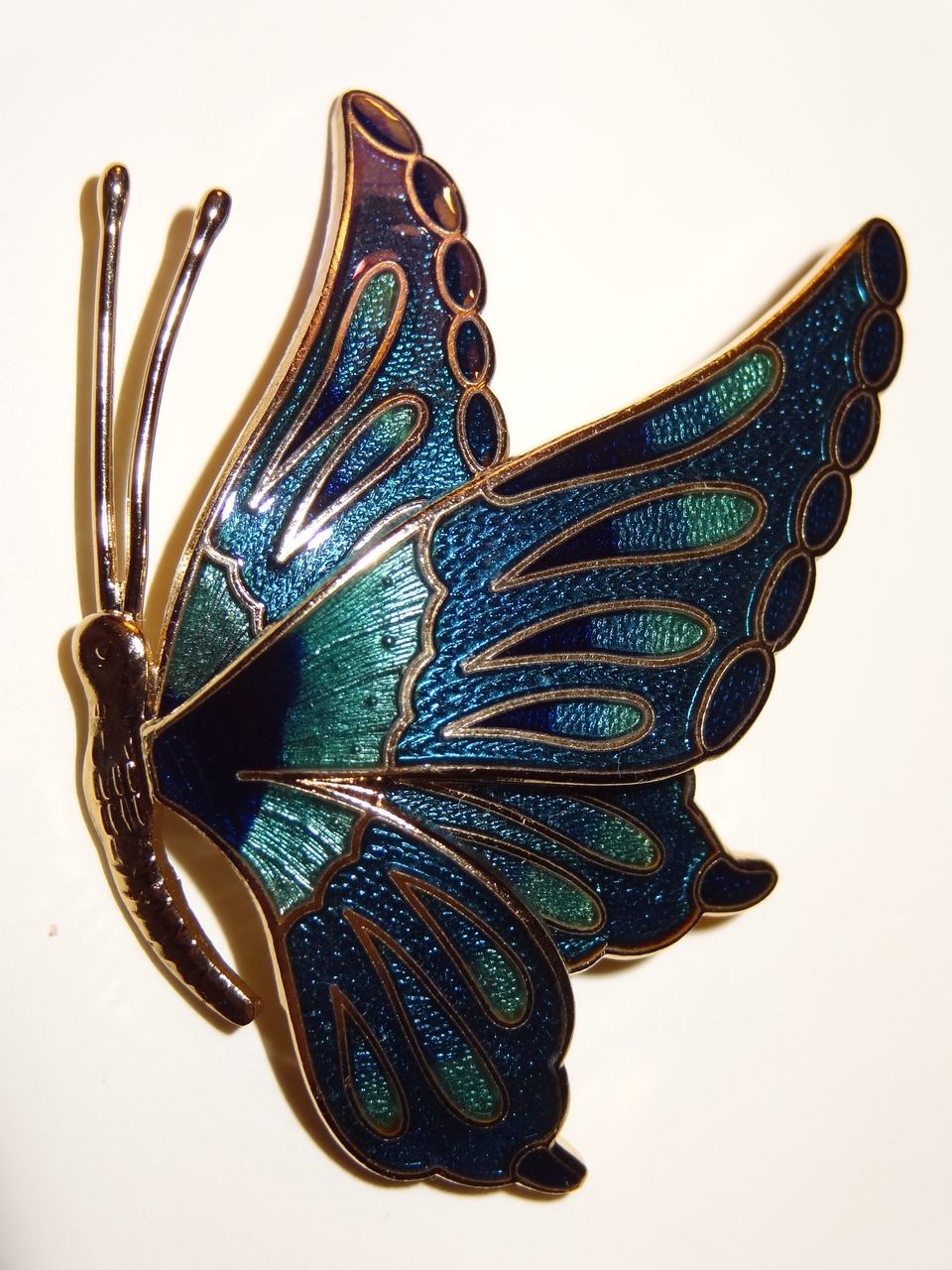 Vintage Cloisonné Butterfly ~ hues of blue and green enameled set in gold-tone Vintage Cloisonné Butterfly ~ hues of blue and green enameled set in gold-tone