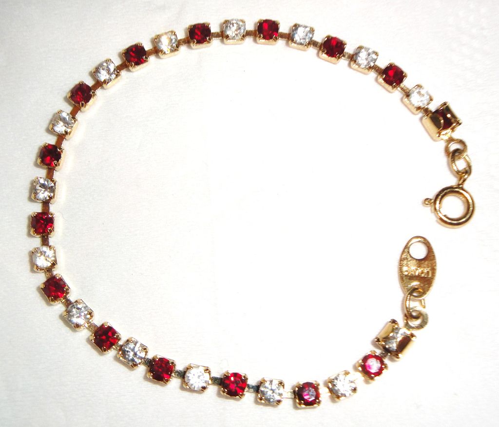 Signed Avon 2003 "Birthstone Tennis Bracelet" for JULY ~ elegant gold-tone tennis bracelet ~ faux ruby & clear rhinestones Signed Avon 2003 "Birthstone Tennis Bracelet" for JULY ~ elegant gold-tone tennis bracelet ~ faux ruby & clear rhinestones