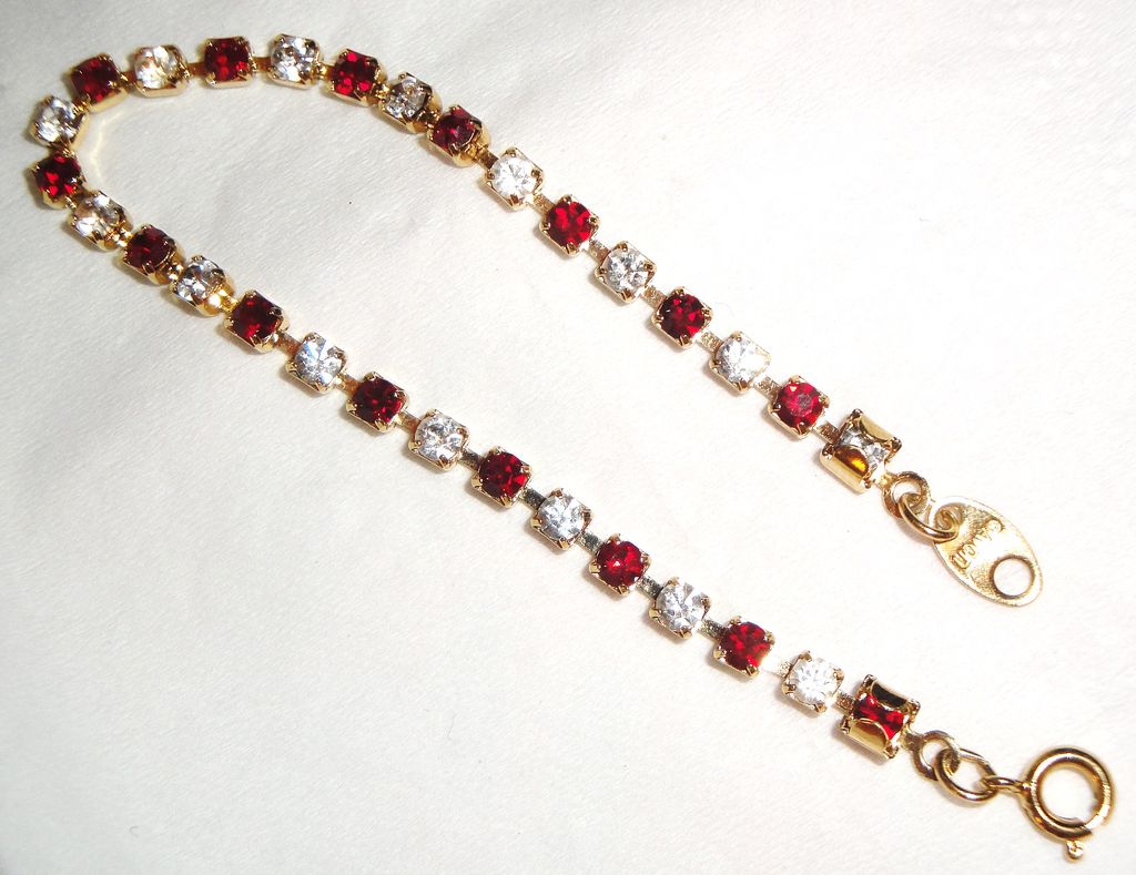 Signed Avon 2003 "Birthstone Tennis Bracelet" for JULY ~ elegant gold-tone tennis bracelet ~ faux ruby & clear rhinestones Signed Avon 2003 "Birthstone Tennis Bracelet" for JULY ~ elegant gold-tone tennis bracelet ~ faux ruby & clear rhinestones