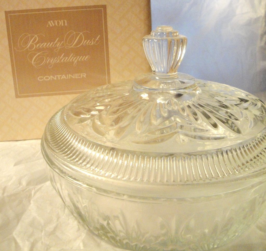Vintage Signed Avon 1979-80 "Beauty Dust Crystalique Container" ~ clear glass with etched pattern Vintage Signed Avon 1979-80 "Beauty Dust Crystalique Container" ~ clear glass with etched pattern