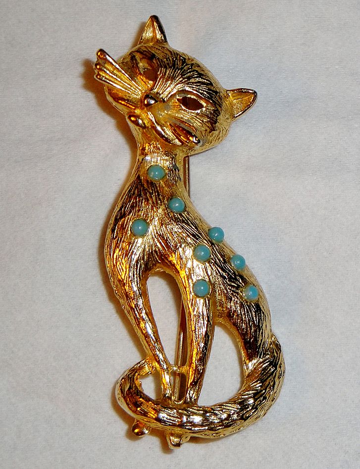 Unique Gold-tone Textured Figural Cat Pin with 8 turquoise stones on back Unique Gold-tone Textured Figural Cat Pin with 8 turquoise stones on back