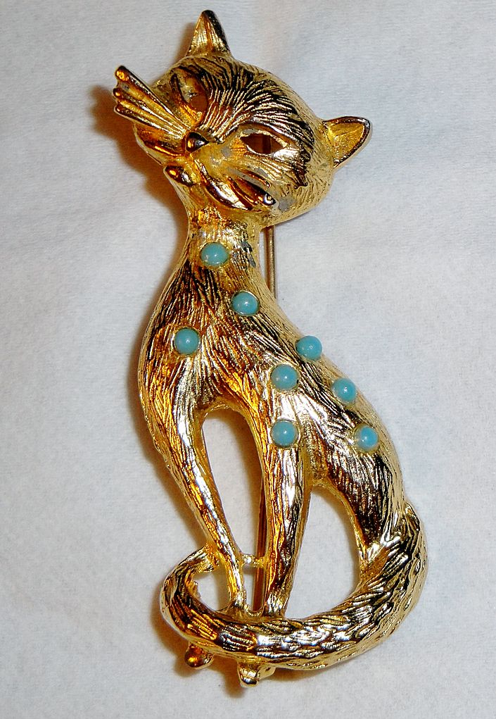 Unique Gold-tone Textured Figural Cat Pin with 8 turquoise stones on back Unique Gold-tone Textured Figural Cat Pin with 8 turquoise stones on back