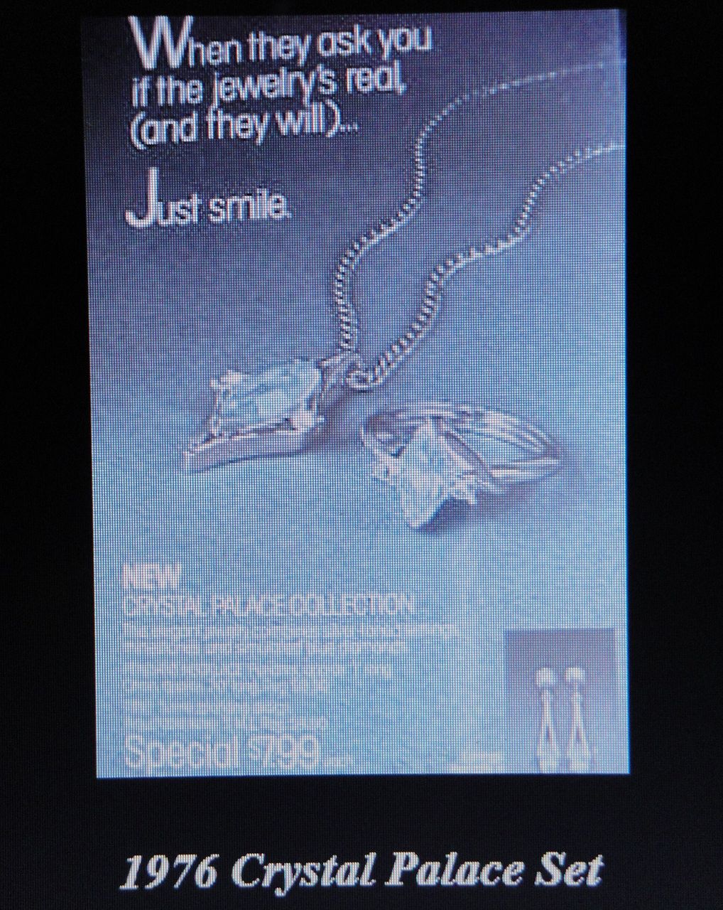 1976 Vintage Signed Avon "Crystal Palace" Collection Necklace ~ large multi-faceted light blue sapphire marquise stone & rhinestones set in silver-tone 1976 Vintage Signed Avon "Crystal Palace" Collection Necklace ~ large multi-faceted light blue sapphire marquise stone & rhinestones set in silver-tone