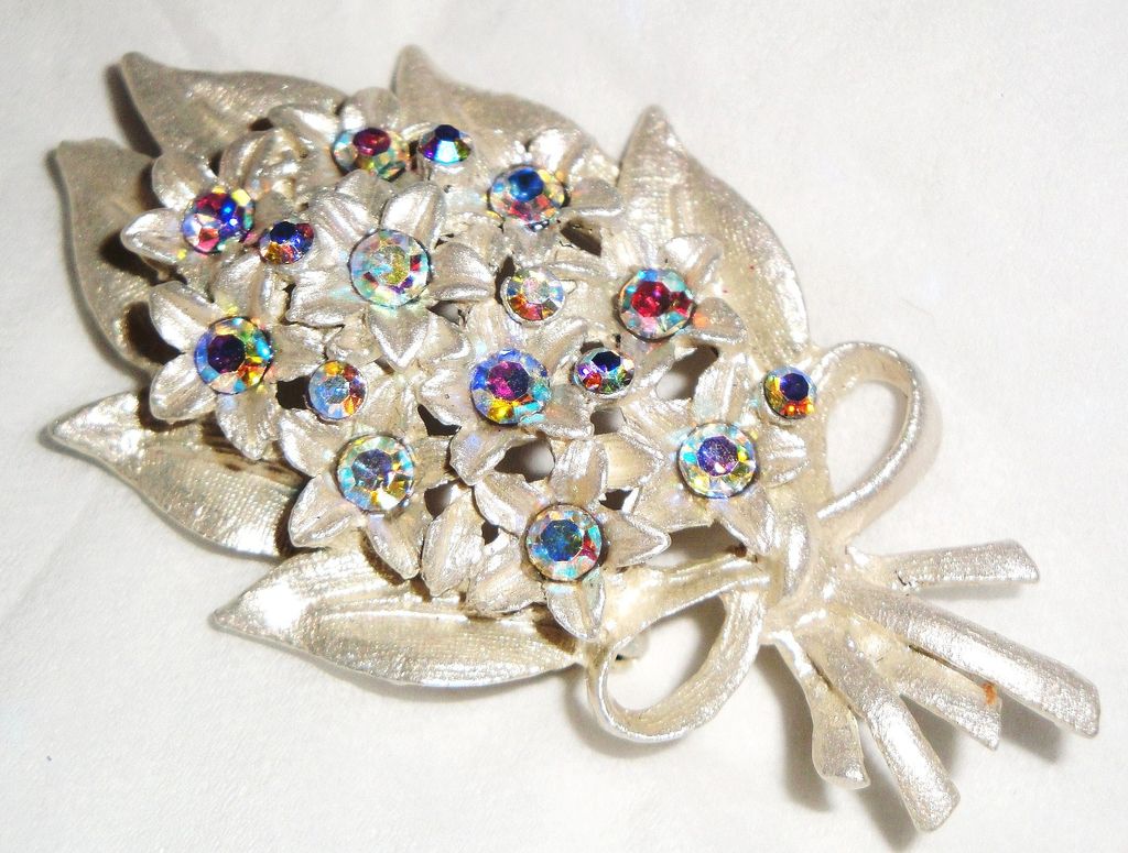 Vintage Aurora Borealis Rhinestones Flower Bouquet Brooch with Brushed Enamel Silver Finish Vintage Aurora Borealis Rhinestones Flower Bouquet Brooch with Brushed Enamel Silver Finish