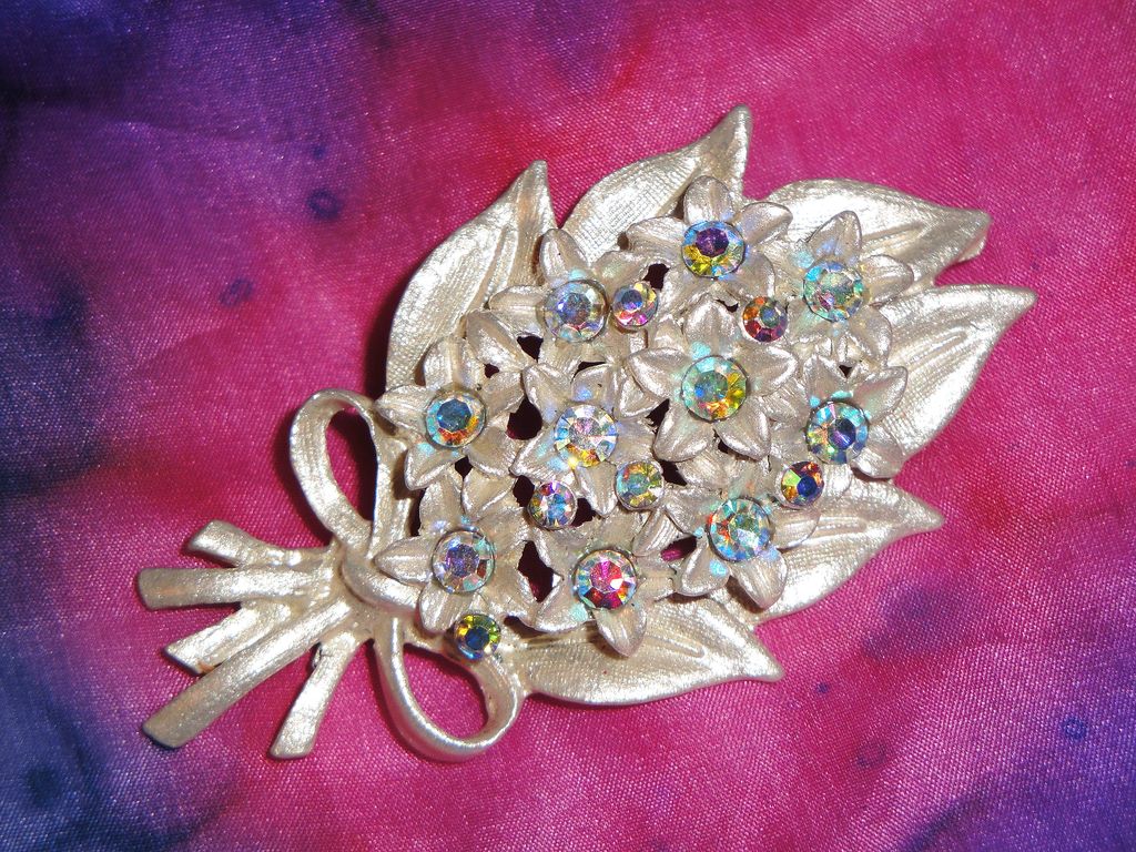 Vintage Aurora Borealis Rhinestones Flower Bouquet Brooch with Brushed Enamel Silver Finish Vintage Aurora Borealis Rhinestones Flower Bouquet Brooch with Brushed Enamel Silver Finish