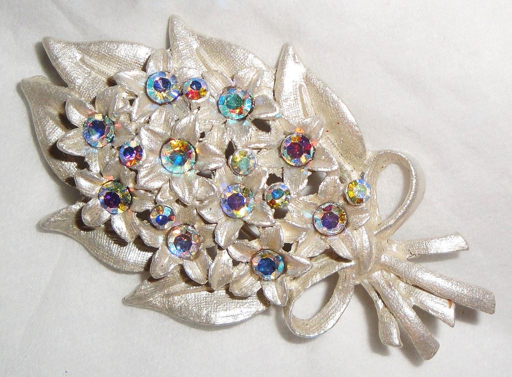 Vintage Aurora Borealis Rhinestones Flower Bouquet Brooch with Brushed Enamel Silver Finish Vintage Aurora Borealis Rhinestones Flower Bouquet Brooch with Brushed Enamel Silver Finish