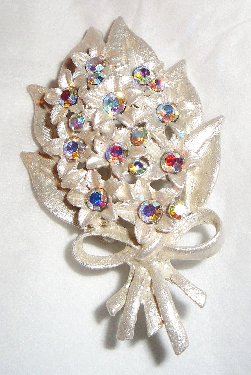 Vintage Aurora Borealis Rhinestones Flower Bouquet Brooch with Brushed Enamel Silver Finish Vintage Aurora Borealis Rhinestones Flower Bouquet Brooch with Brushed Enamel Silver Finish