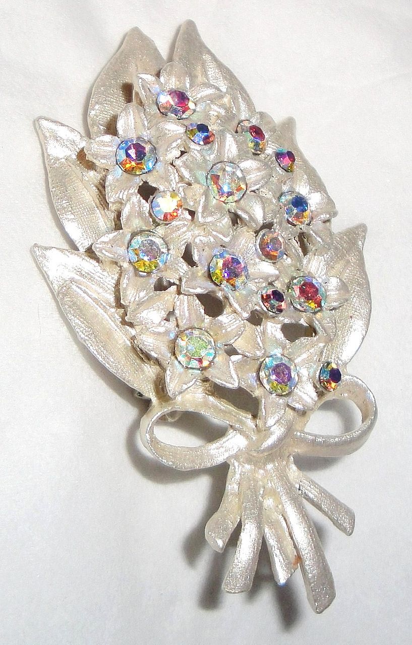 Vintage Aurora Borealis Rhinestones Flower Bouquet Brooch with Brushed Enamel Silver Finish Vintage Aurora Borealis Rhinestones Flower Bouquet Brooch with Brushed Enamel Silver Finish