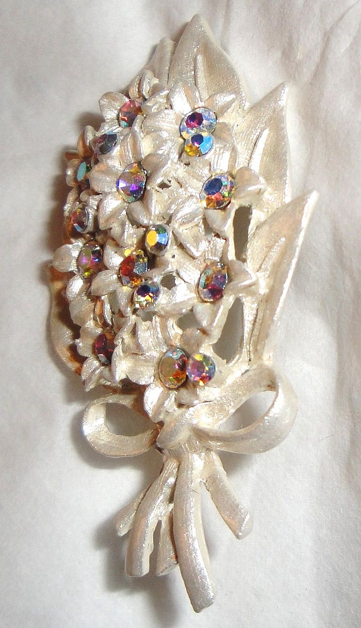 Vintage Aurora Borealis Rhinestones Flower Bouquet Brooch with Brushed Enamel Silver Finish Vintage Aurora Borealis Rhinestones Flower Bouquet Brooch with Brushed Enamel Silver Finish