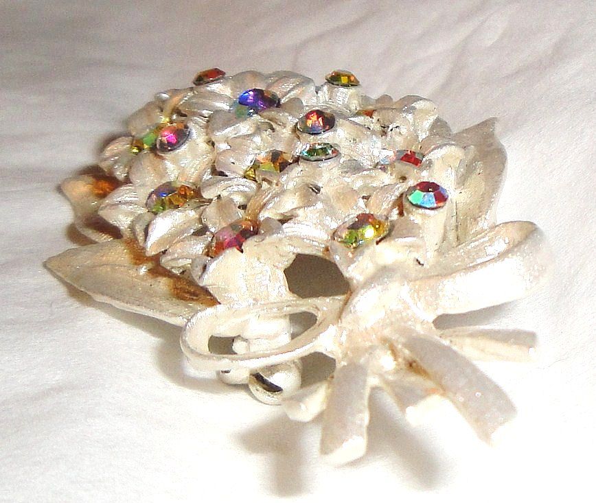 Vintage Aurora Borealis Rhinestones Flower Bouquet Brooch with Brushed Enamel Silver Finish Vintage Aurora Borealis Rhinestones Flower Bouquet Brooch with Brushed Enamel Silver Finish