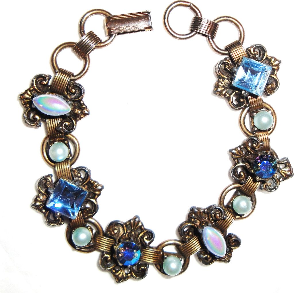 Vintage Old Antique Finished Bracelet with Blue Faux Pearls & Blue Aurora Borealis Rhinestones Vintage Old Antique Finished Bracelet with Blue Faux Pearls & Blue Aurora Borealis Rhinestones