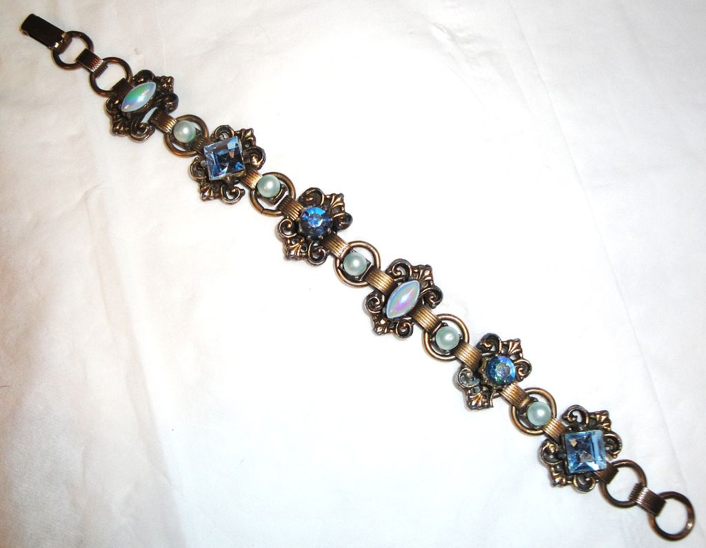 Vintage Old Antique Finished Bracelet with Blue Faux Pearls & Blue Aurora Borealis Rhinestones Vintage Old Antique Finished Bracelet with Blue Faux Pearls & Blue Aurora Borealis Rhinestones