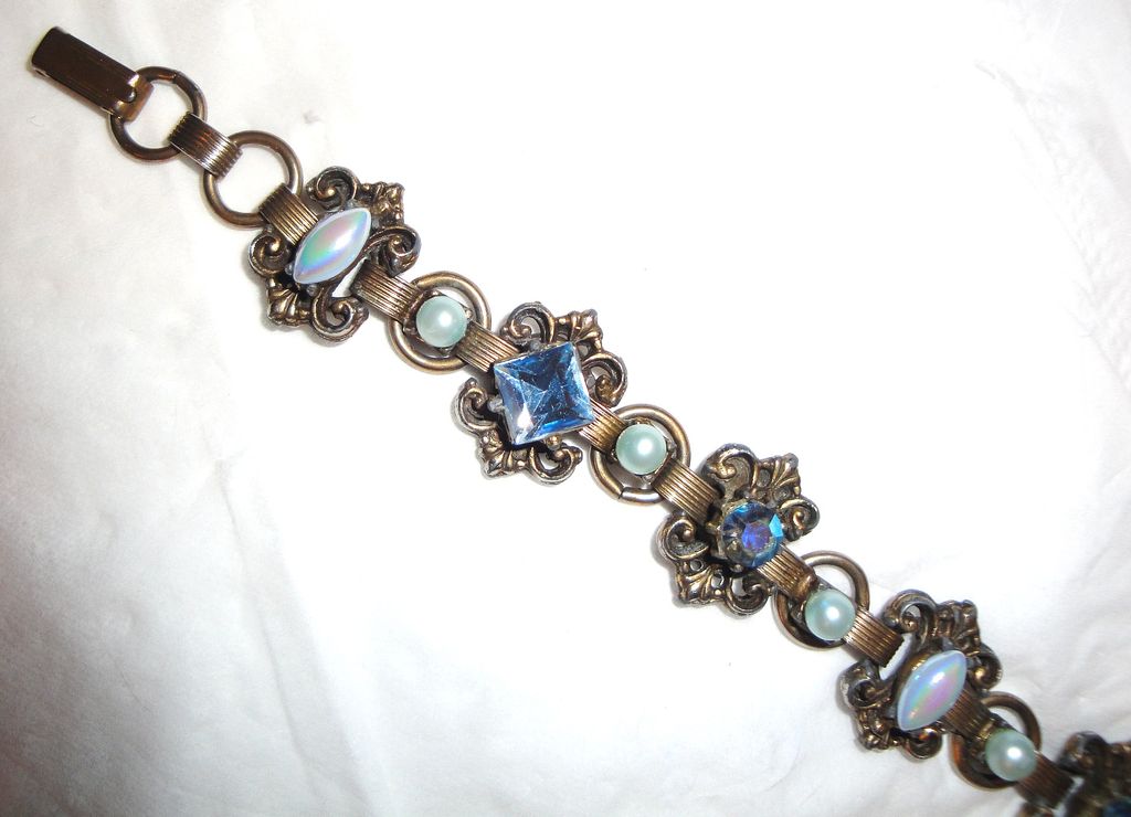 Vintage Old Antique Finished Bracelet with Blue Faux Pearls & Blue Aurora Borealis Rhinestones Vintage Old Antique Finished Bracelet with Blue Faux Pearls & Blue Aurora Borealis Rhinestones
