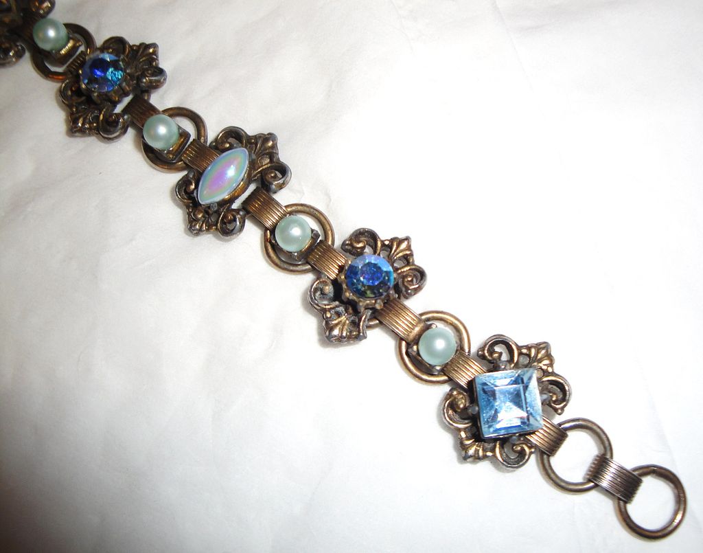 Vintage Old Antique Finished Bracelet with Blue Faux Pearls & Blue Aurora Borealis Rhinestones Vintage Old Antique Finished Bracelet with Blue Faux Pearls & Blue Aurora Borealis Rhinestones