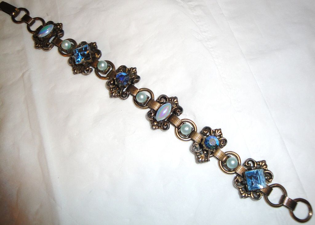 Vintage Old Antique Finished Bracelet with Blue Faux Pearls & Blue Aurora Borealis Rhinestones Vintage Old Antique Finished Bracelet with Blue Faux Pearls & Blue Aurora Borealis Rhinestones