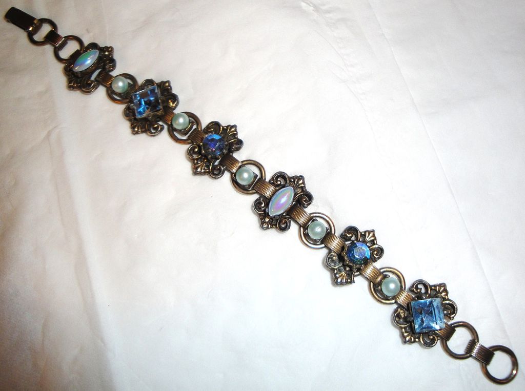 Vintage Old Antique Finished Bracelet with Blue Faux Pearls & Blue Aurora Borealis Rhinestones Vintage Old Antique Finished Bracelet with Blue Faux Pearls & Blue Aurora Borealis Rhinestones