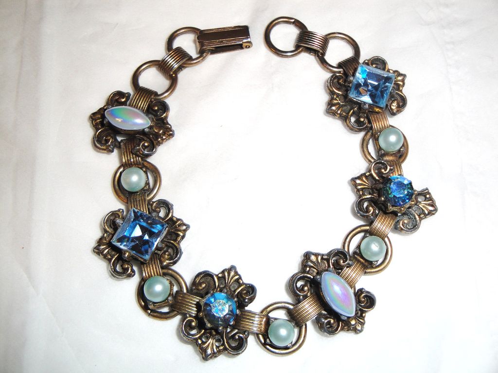Vintage Old Antique Finished Bracelet with Blue Faux Pearls & Blue Aurora Borealis Rhinestones Vintage Old Antique Finished Bracelet with Blue Faux Pearls & Blue Aurora Borealis Rhinestones