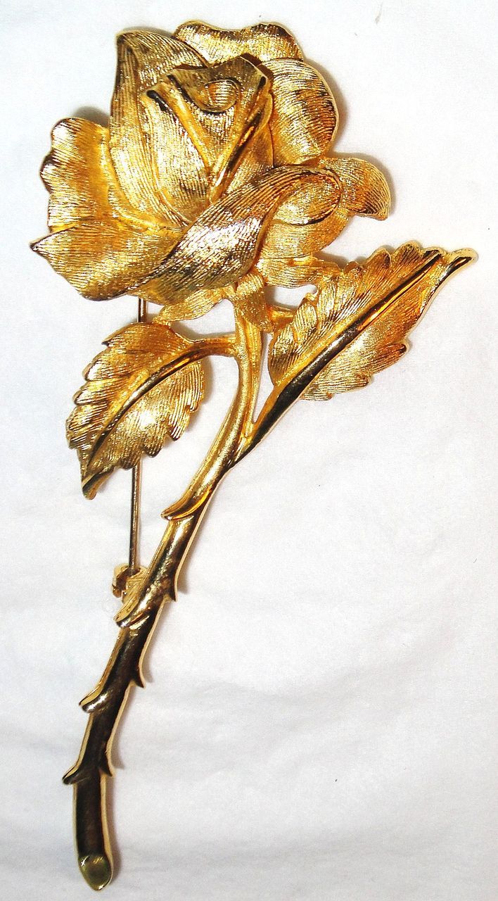 Vintage Signed Charel Long Stemmed Rose Brooch in Gold-tone Vintage Signed Charel Long Stemmed Rose Brooch in Gold-tone
