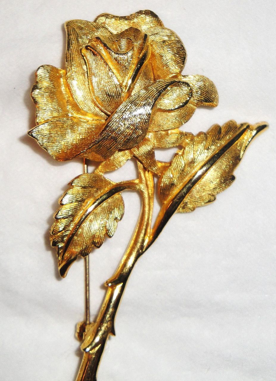 Vintage Signed Charel Long Stemmed Rose Brooch in Gold-tone Vintage Signed Charel Long Stemmed Rose Brooch in Gold-tone