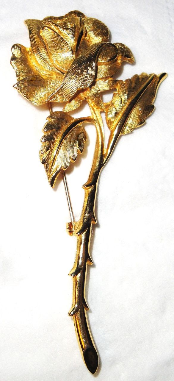 Vintage Signed Charel Long Stemmed Rose Brooch in Gold-tone Vintage Signed Charel Long Stemmed Rose Brooch in Gold-tone