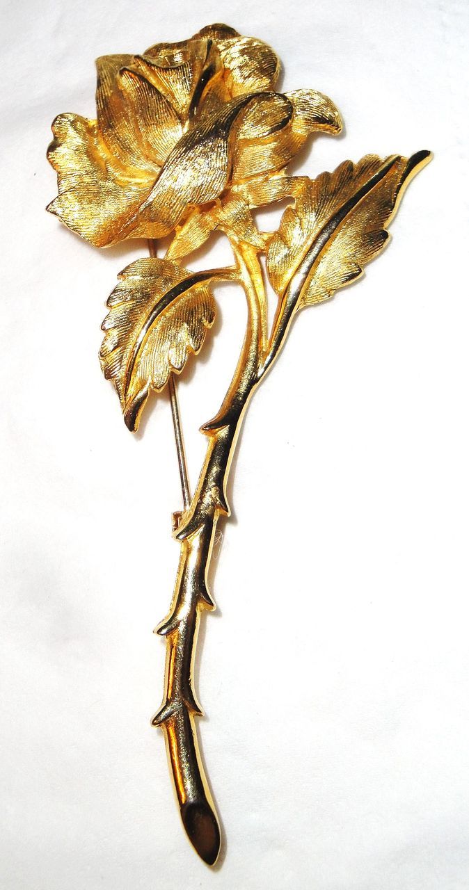 Vintage Signed Charel Long Stemmed Rose Brooch in Gold-tone Vintage Signed Charel Long Stemmed Rose Brooch in Gold-tone