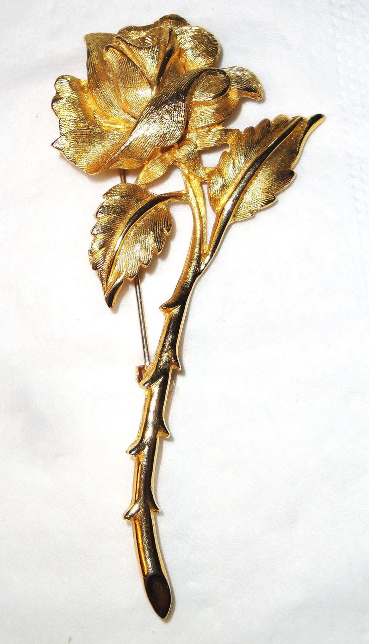Vintage Signed Charel Long Stemmed Rose Brooch in Gold-tone Vintage Signed Charel Long Stemmed Rose Brooch in Gold-tone