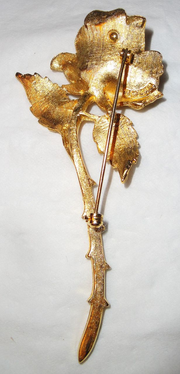 Vintage Signed Charel Long Stemmed Rose Brooch in Gold-tone Vintage Signed Charel Long Stemmed Rose Brooch in Gold-tone