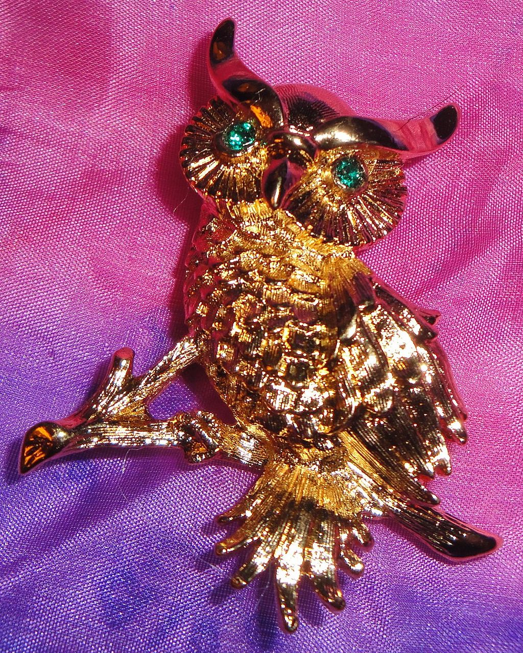 Vintage Signed Monet Gold-tone Owl Sitting on Tree Branch Brooch with Green Rhinestone Eyes Vintage Signed Monet Gold-tone Owl Sitting on Tree Branch Brooch with Green Rhinestone Eyes