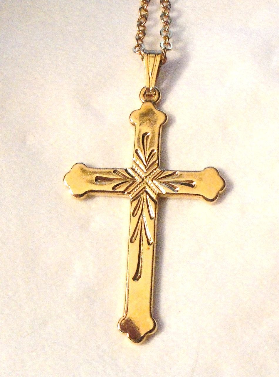 Signed Avon Gold-tone Cross with Decorative Carvings Signed Avon Gold-tone Cross with Decorative Carvings