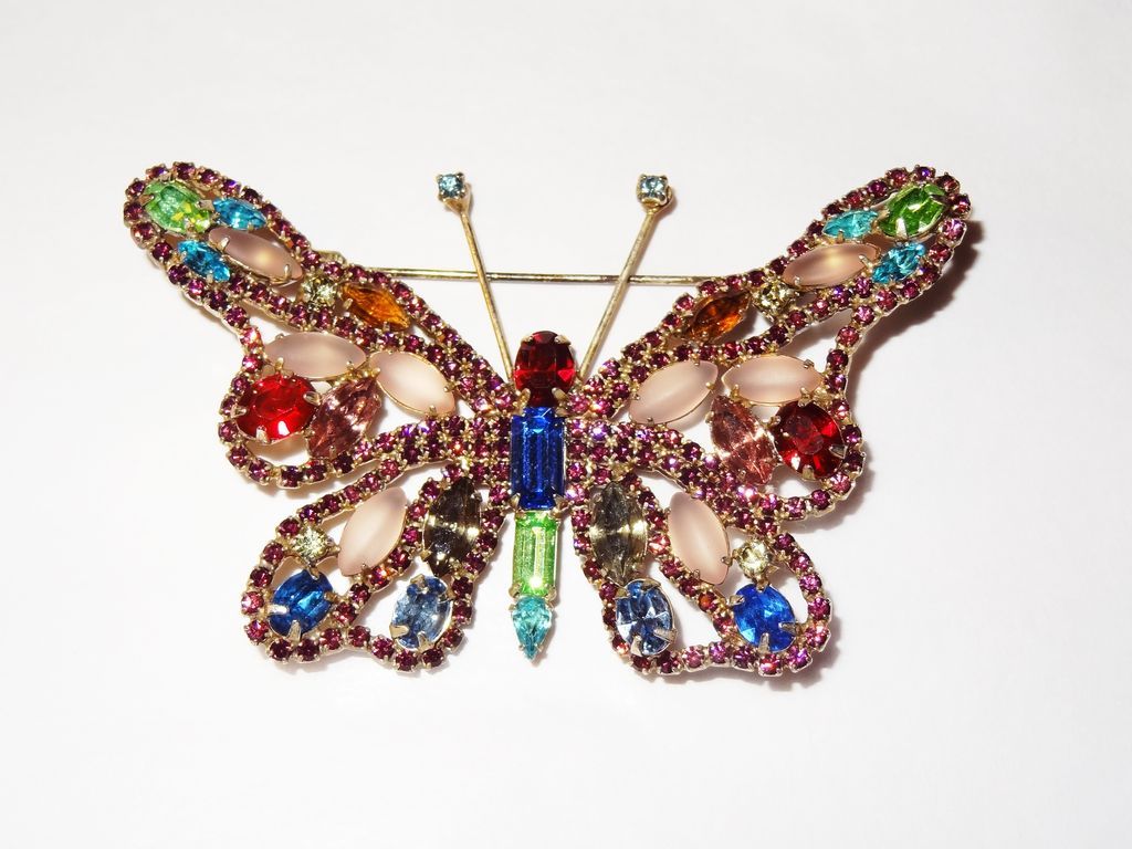 Kenneth Jay Lane's Large Multi-Color Crystal and Rhinestone Butterfly Pin/Brooch trimmed in pink Kenneth Jay Lane's Large Multi-Color Crystal and Rhinestone Butterfly Pin/Brooch trimmed in pink