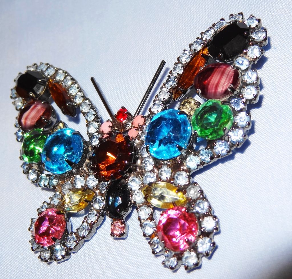 Kenneth Jay Lane's Large Multi-Color Rhinestone Butterfly Pin/Brooch trimmed in light blue Kenneth Jay Lane's Large Multi-Color Rhinestone Butterfly Pin/Brooch trimmed in light blue