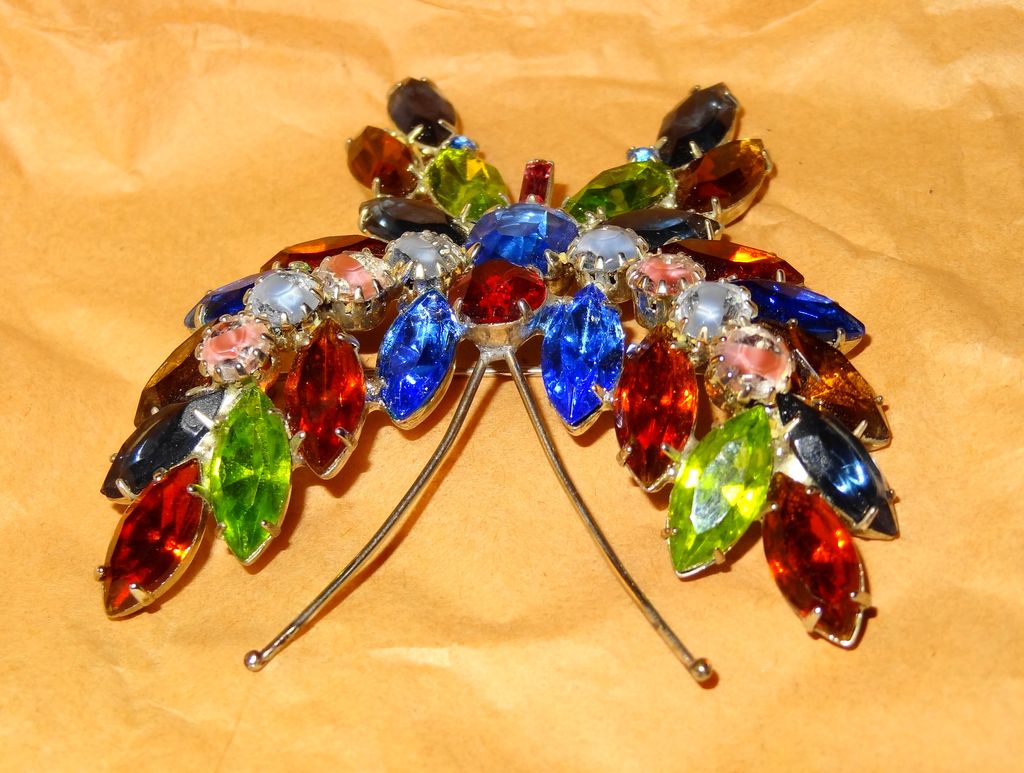 KJL Kenneth Jay Lane's Signed Bold Multi-colored Marquise Rhinestone Butterfly KJL Kenneth Jay Lane's Signed Bold Multi-colored Marquise Rhinestone Butterfly