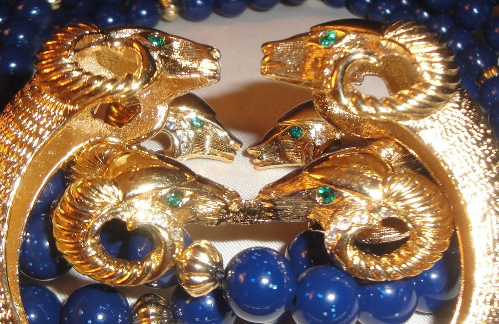 RARE! Kenneth Jay Lane's "Sophisticated Lady Collection" ~ Lapis Necklace, Small Bracelet & Pierced Earrings Avon's Designer Signed Collection ~ central theme is a ram's head RARE! Kenneth Jay Lane's "Sophisticated Lady Collection" ~ Lapis Necklace, Small Bracelet & Pierced Earrings Avon's Designer Signed Collection ~ central theme is a ram's head