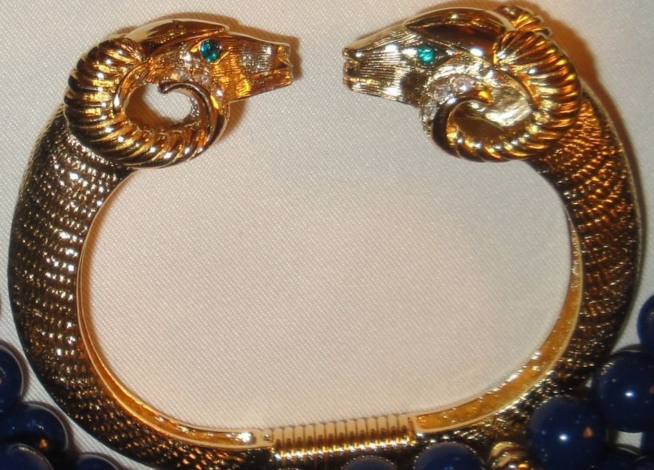 RARE! Kenneth Jay Lane's "Sophisticated Lady Collection" ~ Lapis Necklace, Small Bracelet & Pierced Earrings Avon's Designer Signed Collection ~ central theme is a ram's head RARE! Kenneth Jay Lane's "Sophisticated Lady Collection" ~ Lapis Necklace, Small Bracelet & Pierced Earrings Avon's Designer Signed Collection ~ central theme is a ram's head