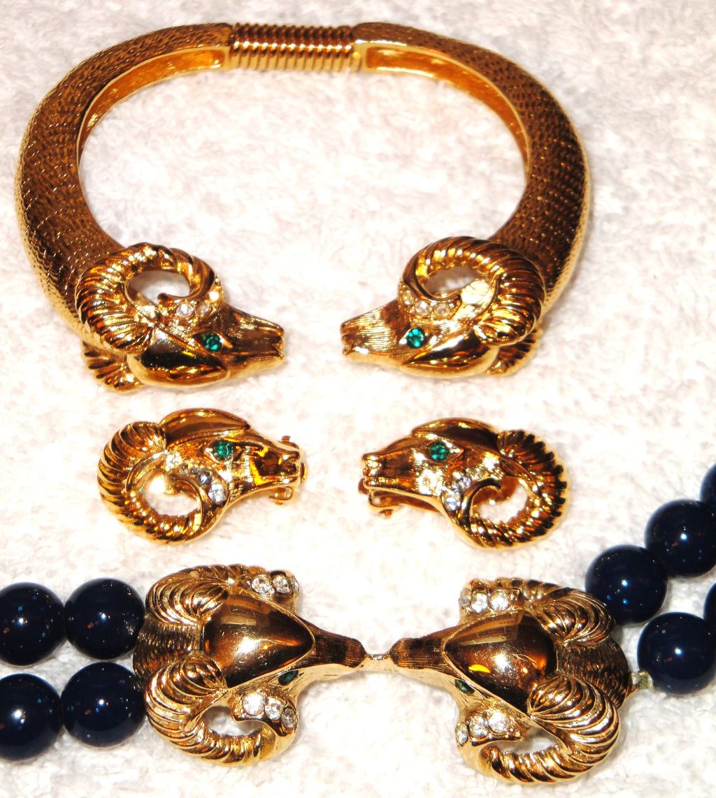 RARE! Kenneth Jay Lane's "Sophisticated Lady Collection" ~ Black Necklace, Small Bracelet & Clip Earrings Avon's Designer Signed Collection ~ central theme is a ram's head RARE! Kenneth Jay Lane's "Sophisticated Lady Collection" ~ Black Necklace, Small Bracelet & Clip Earrings Avon's Designer Signed Collection ~ central theme is a ram's head