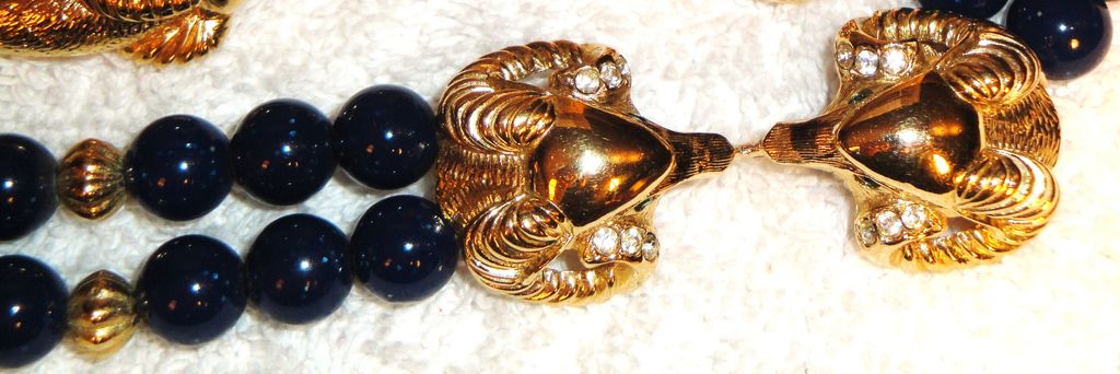 RARE! Kenneth Jay Lane's "Sophisticated Lady Collection" ~ Black Necklace, Small Bracelet & Clip Earrings Avon's Designer Signed Collection ~ central theme is a ram's head RARE! Kenneth Jay Lane's "Sophisticated Lady Collection" ~ Black Necklace, Small Bracelet & Clip Earrings Avon's Designer Signed Collection ~ central theme is a ram's head