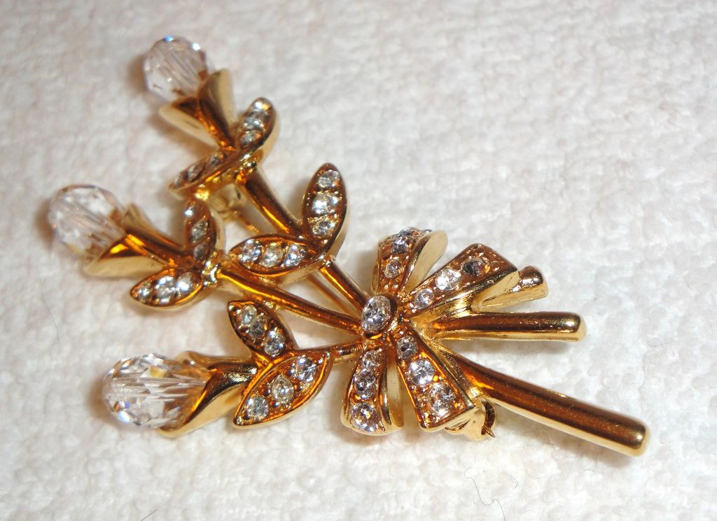 Vintage Signed Monet Bouquet of Crystal Flowers Brooch accented with pave leaves & a pave bow Vintage Signed Monet Bouquet of Crystal Flowers Brooch accented with pave leaves & a pave bow