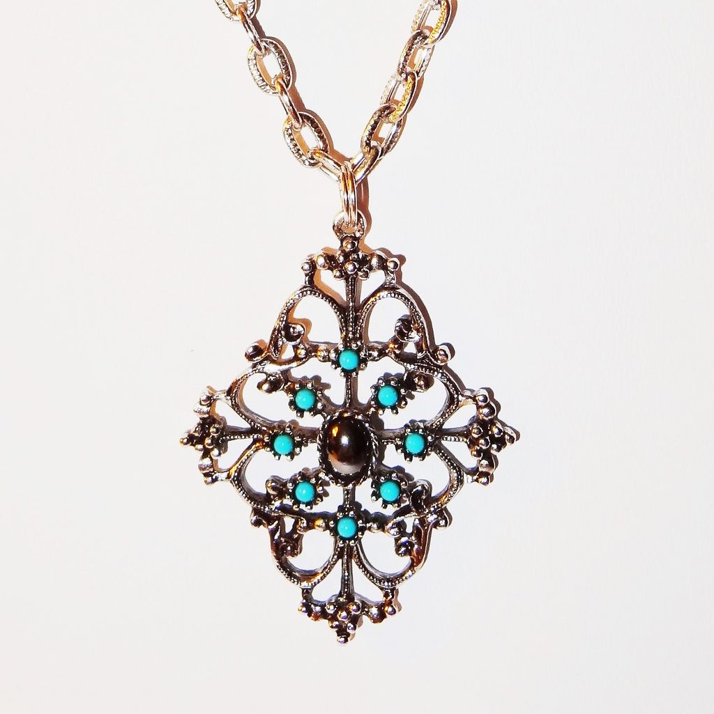 Vintage Signed Avon 1974 "Mirabella Collection" Necklace ~ hematite & faux turquoise in antique silver-tone Vintage Signed Avon 1974 "Mirabella Collection" Necklace ~ hematite & faux turquoise in antique silver-tone