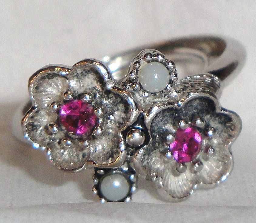 Avon 1974 "Rosegay" Flowers Rhodium Plated Ring ~ Size 10 ~ rose stone centers ~ antique silver-tone ~ faux pearls Avon 1974 "Rosegay" Flowers Rhodium Plated Ring ~ Size 10 ~ rose stone centers ~ antique silver-tone ~ faux pearls