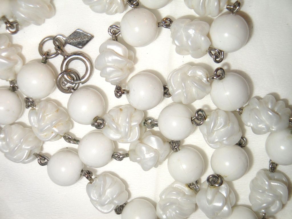 Vintage Signed Sarah Coventry "Summer Magic" ~ a 28" white bead necklace ~ round beads & carved pearlized beads Vintage Signed Sarah Coventry "Summer Magic" ~ a 28" white bead necklace ~ round beads & carved pearlized beads