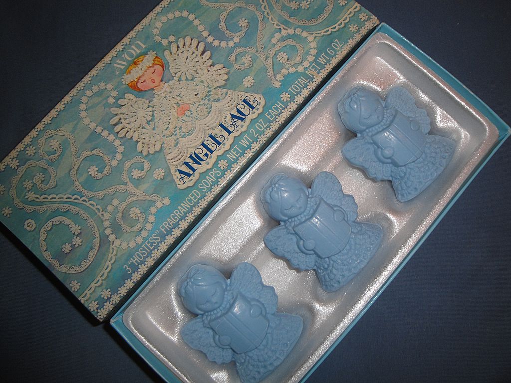 Vintage Signed Avon 1975 "Angel Lace Soaps" ~ 3 blue soaps in shape of angels Vintage Signed Avon 1975 "Angel Lace Soaps" ~ 3 blue soaps in shape of angels