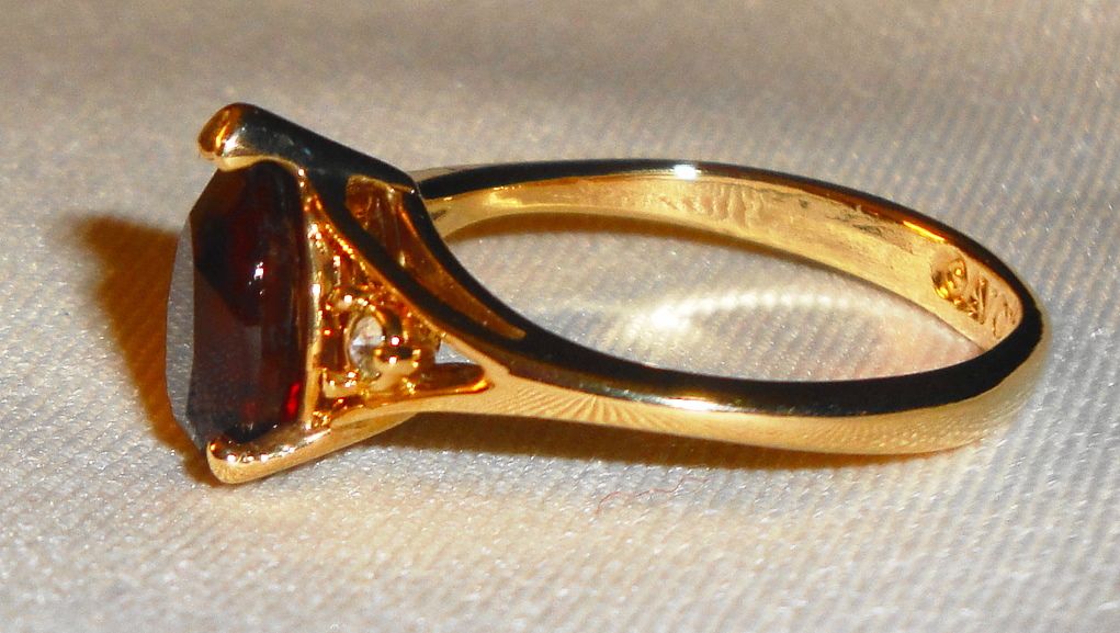 Gold Plated Vintage Signed Avon 1980 "Scarlet Temptation Ring" ~ Size 6-7 ~ Simulated Garnet & Rhinestones Gold Plated Vintage Signed Avon 1980 "Scarlet Temptation Ring" ~ Size 6-7 ~ Simulated Garnet & Rhinestones