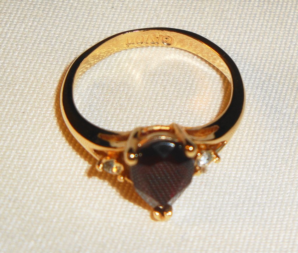Gold Plated Vintage Signed Avon 1980 "Scarlet Temptation Ring" ~ Size 6-7 ~ Simulated Garnet & Rhinestones Gold Plated Vintage Signed Avon 1980 "Scarlet Temptation Ring" ~ Size 6-7 ~ Simulated Garnet & Rhinestones