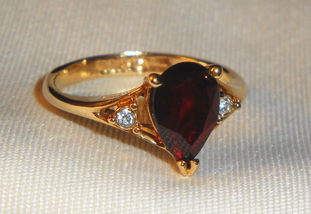 Gold Plated Vintage Signed Avon 1980 "Scarlet Temptation Ring" ~ Size 6-7 ~ Simulated Garnet & Rhinestones Gold Plated Vintage Signed Avon 1980 "Scarlet Temptation Ring" ~ Size 6-7 ~ Simulated Garnet & Rhinestones