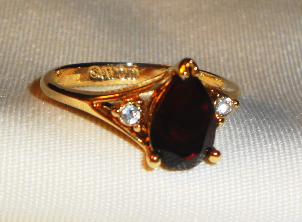 Gold Plated Vintage Signed Avon 1980 "Scarlet Temptation Ring" ~ Size 6-7 ~ Simulated Garnet & Rhinestones Gold Plated Vintage Signed Avon 1980 "Scarlet Temptation Ring" ~ Size 6-7 ~ Simulated Garnet & Rhinestones