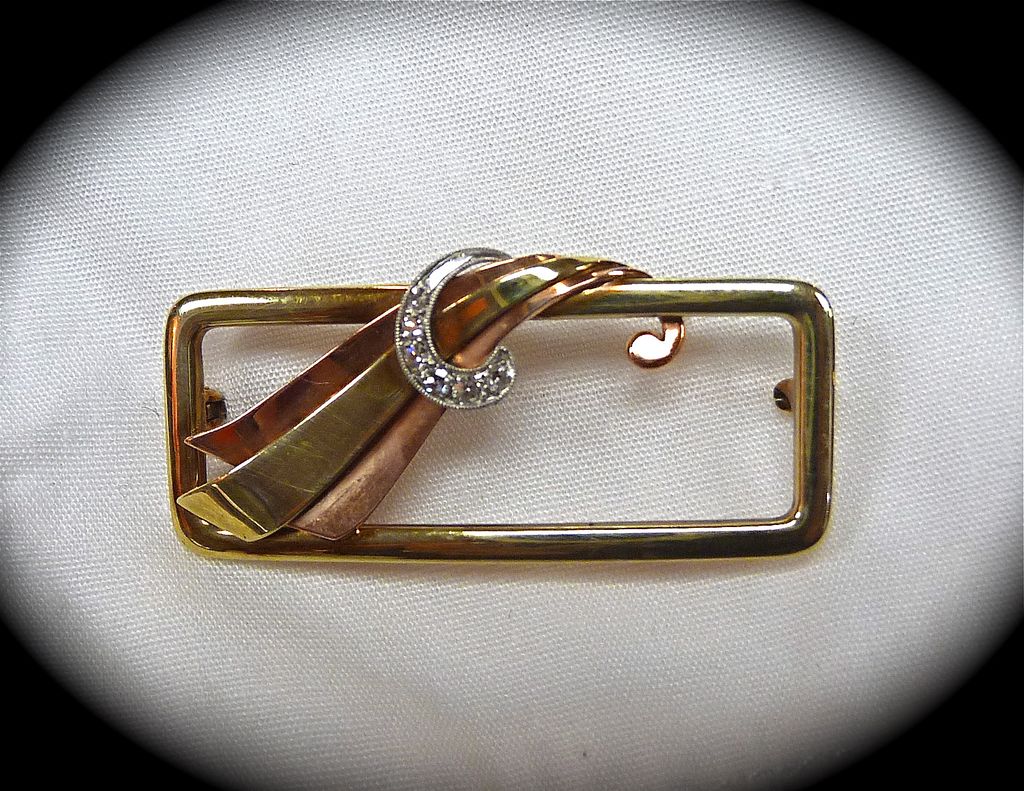 Art Deco/Retro 14k Yellow Rose White Gold Pin with Diamonds Art Deco/Retro 14k Yellow Rose White Gold Pin with Diamonds